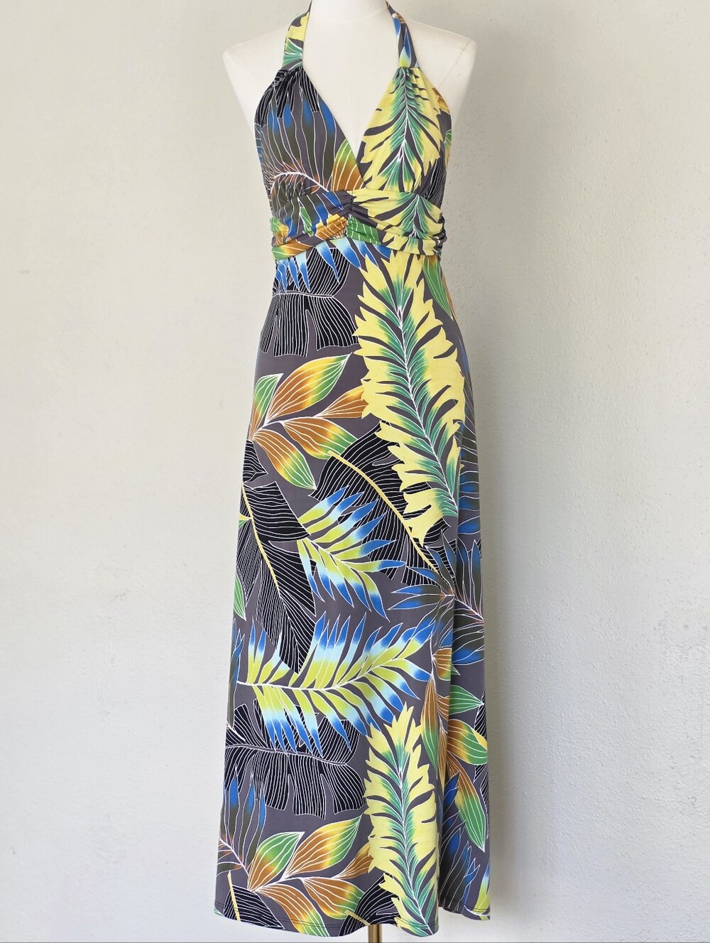 Vintage Napua Collection Hawaii Tropical Halter Maxi Dress Stretch Knit S/M